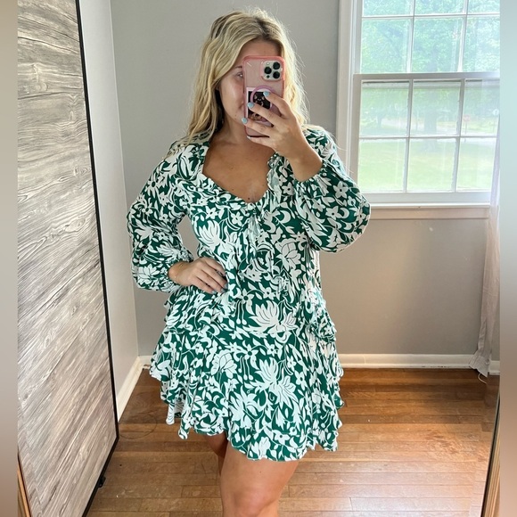 Free People Long Sleeve Green White Dress Mini Small - Picture 1 of 12